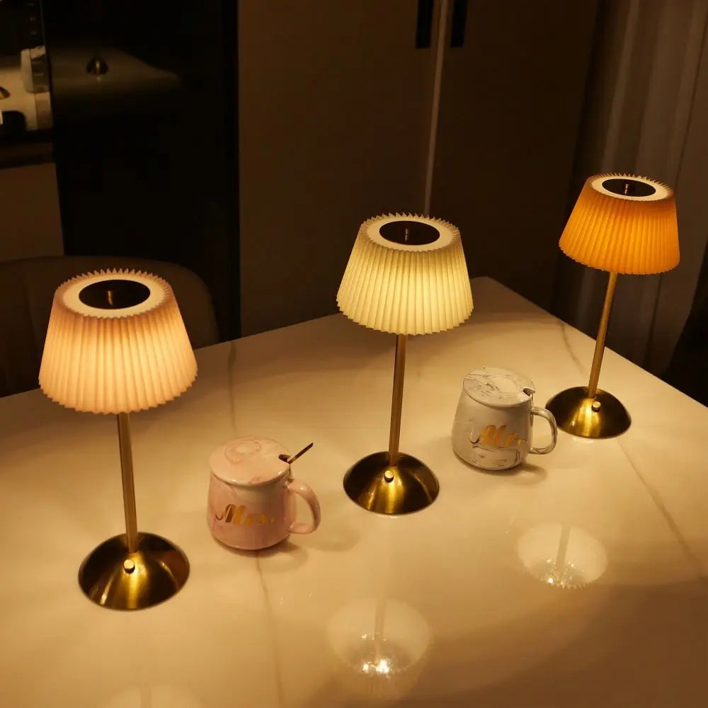 3 Color Lights Small Pleated Table Lamp Touch Control Fabric Shade Desk Ambient Light Cordless USB Rechargeable Nightstand Light