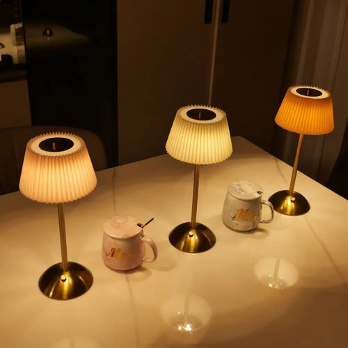 3 Color Lights Small Pleated Table Lamp Touch Control Fabric Shade Desk Ambient Light Cordless USB Rechargeable Nightstand Light