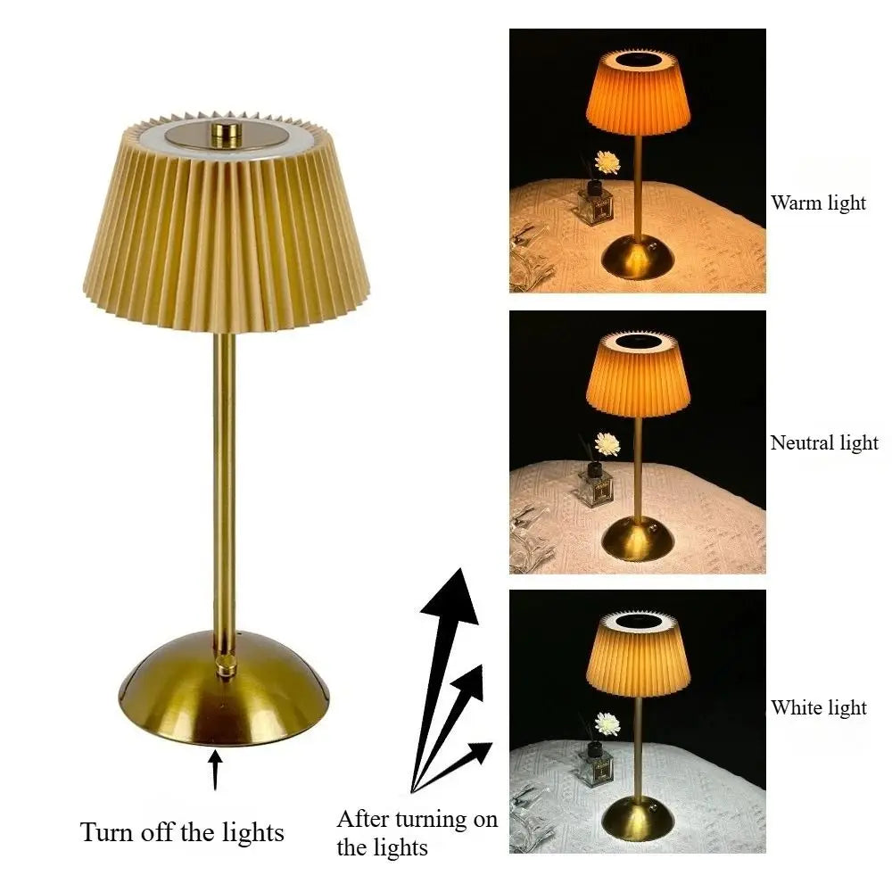 3 Color Lights Small Pleated Table Lamp Touch Control Fabric Shade Desk Ambient Light Cordless USB Rechargeable Nightstand Light